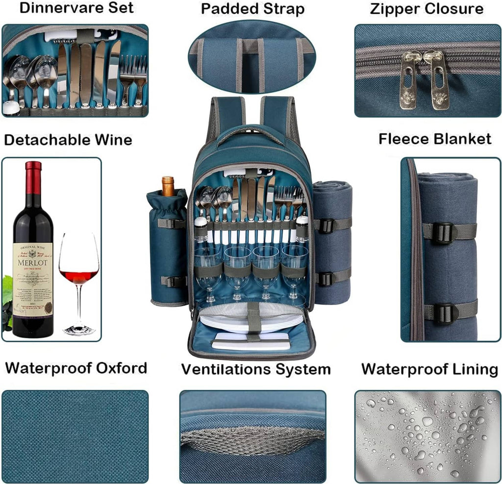 Teal picnic backpack feature diagram: utensil set, fleece blanket, zipper closure, straps