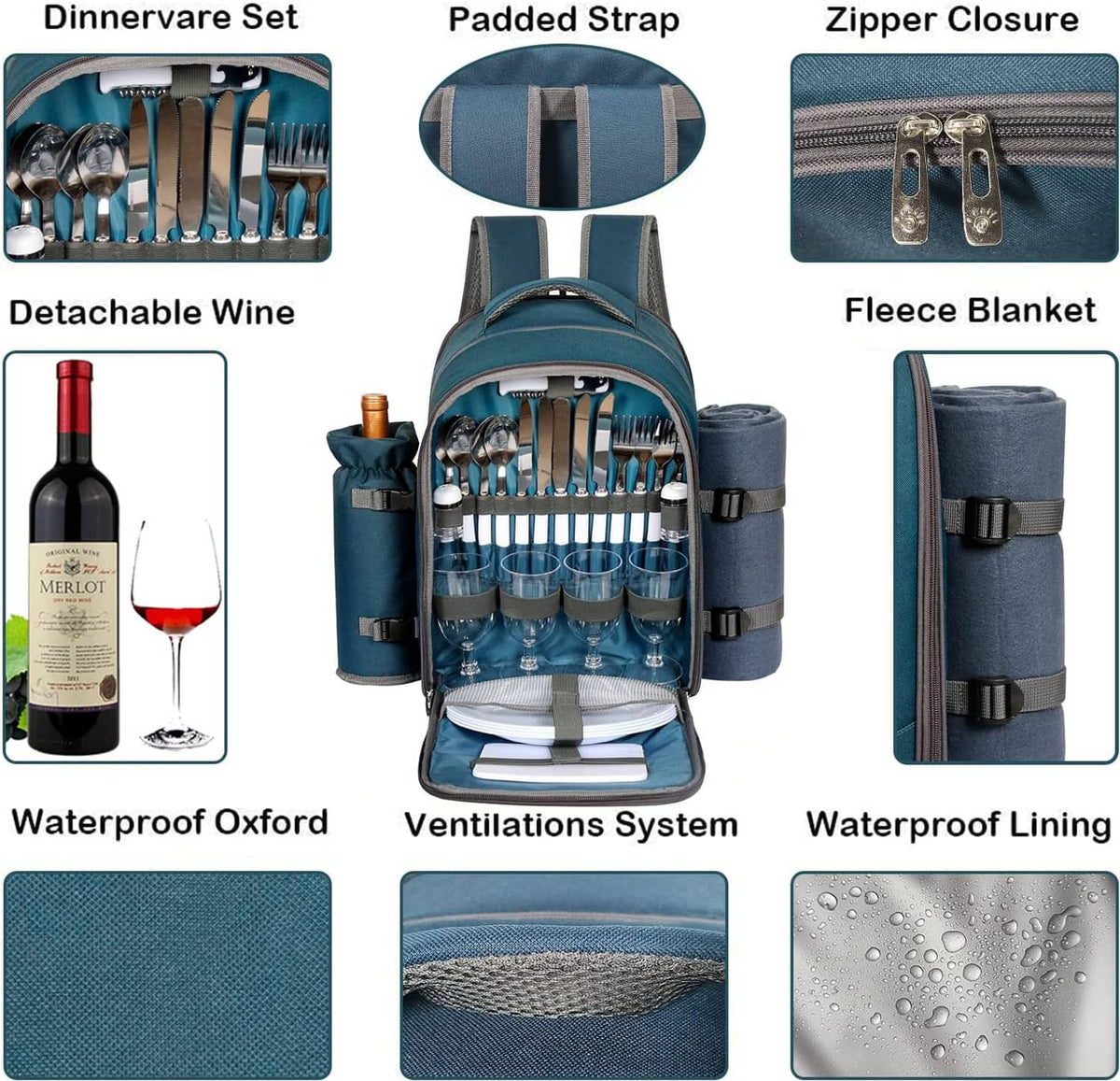 Teal picnic backpack feature diagram: utensil set, fleece blanket, zipper closure, straps