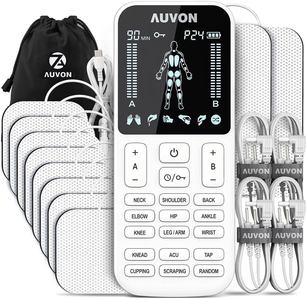 TENS muscle stimulator set: white control unit, electrode pads, and connected cables