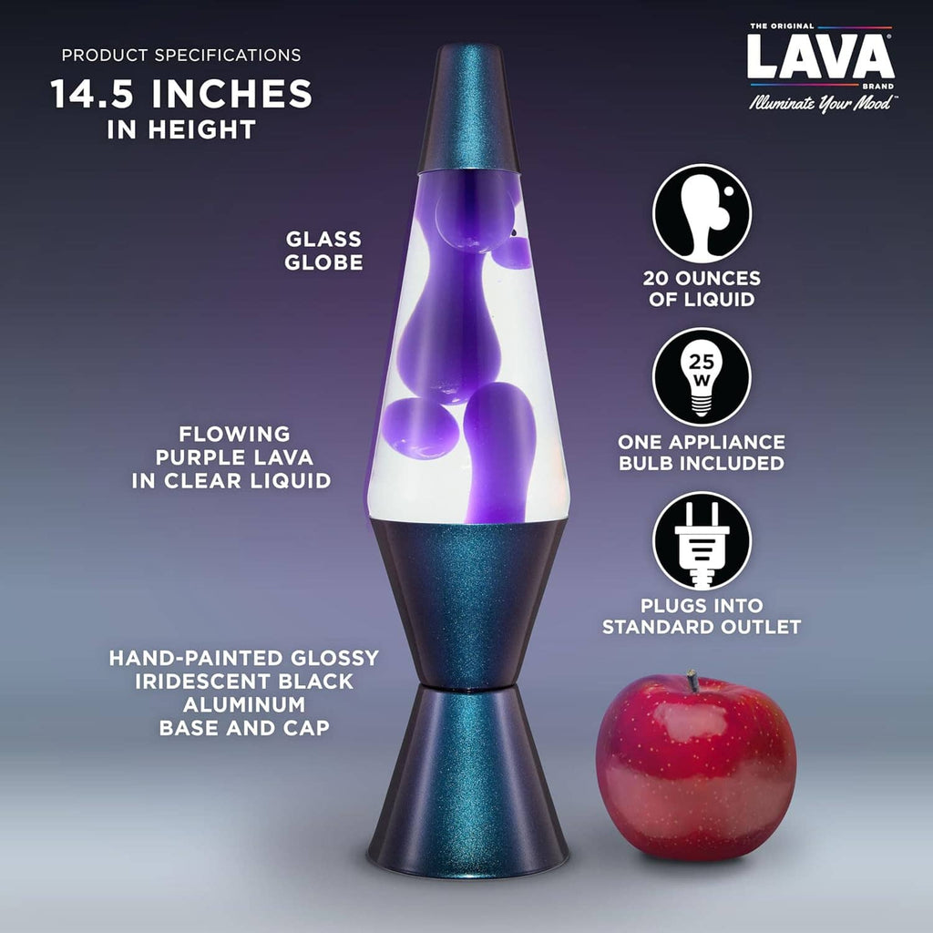 14.5 in lava lamp with purple liquid in glass globe, includes one bulb, 20 oz