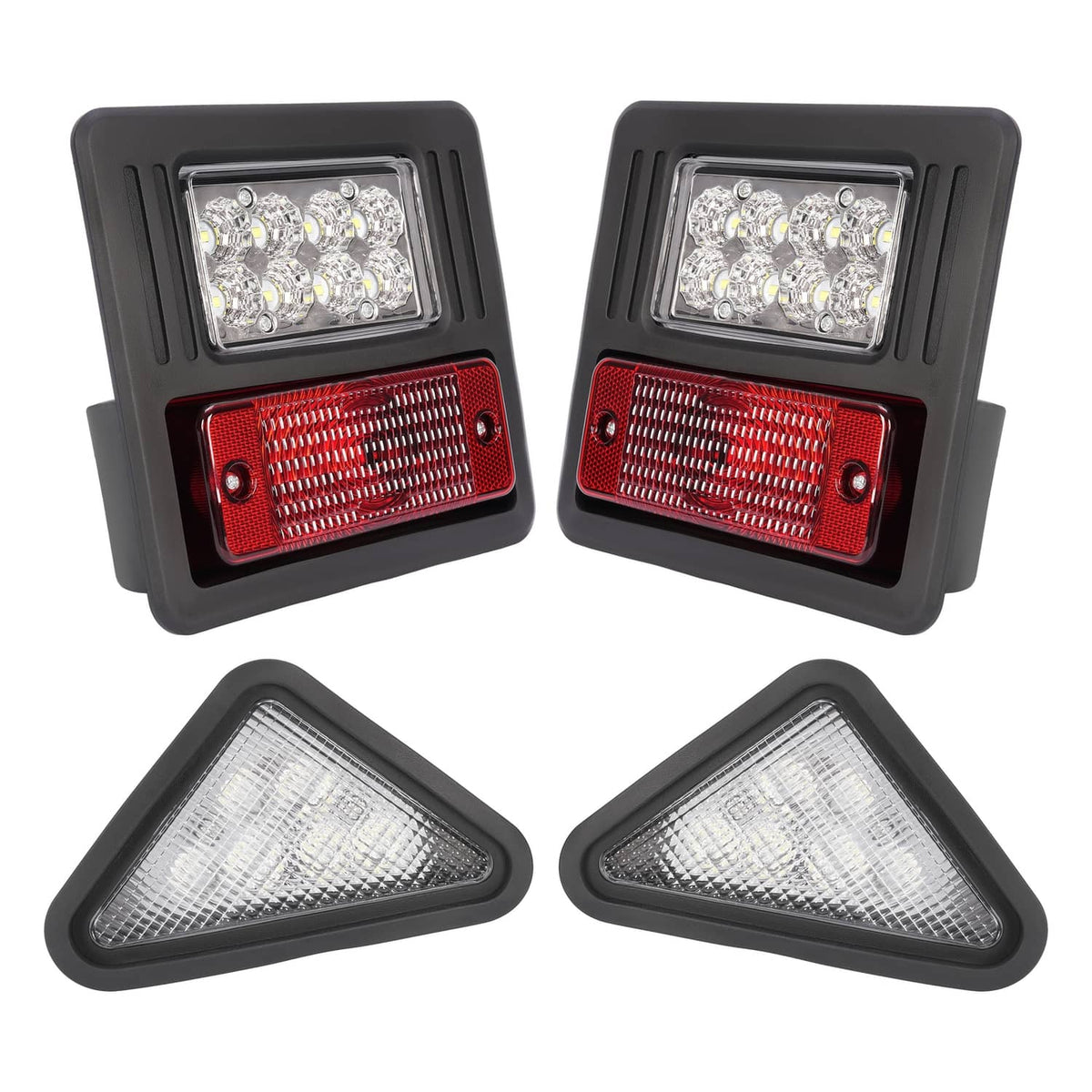 LED exterior light kit with two rectangular red/clear lamps and two white triangular lamps