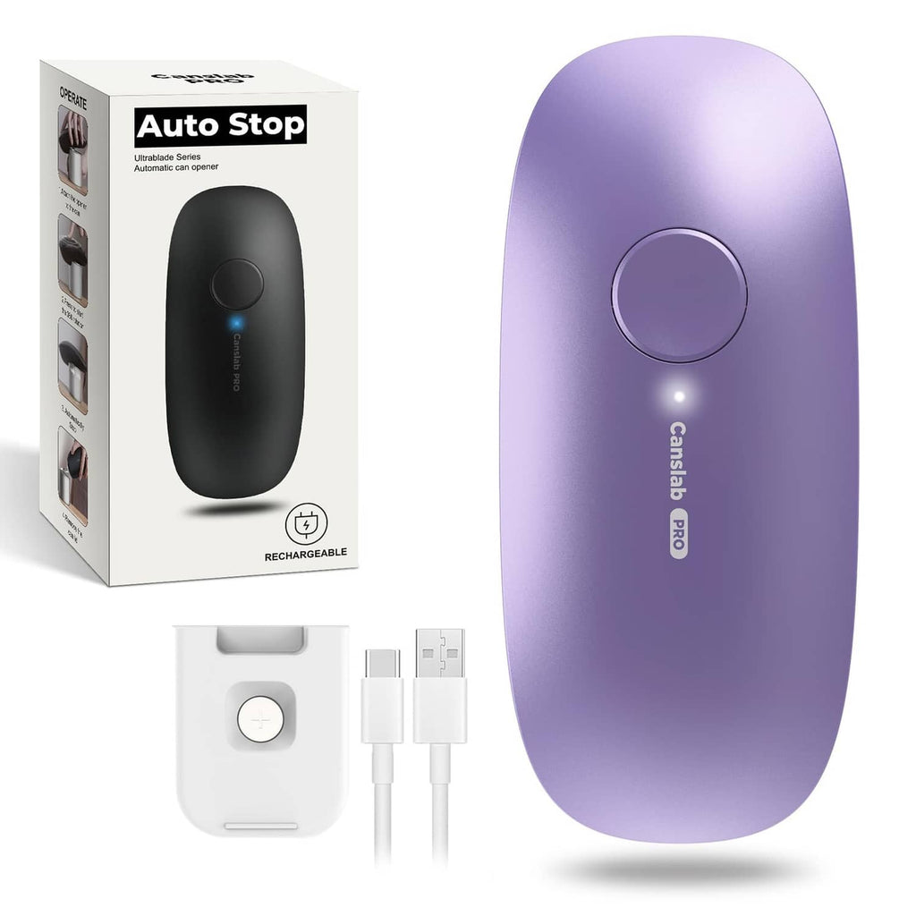 Lilac rechargeable can opener with front button and included charging setup