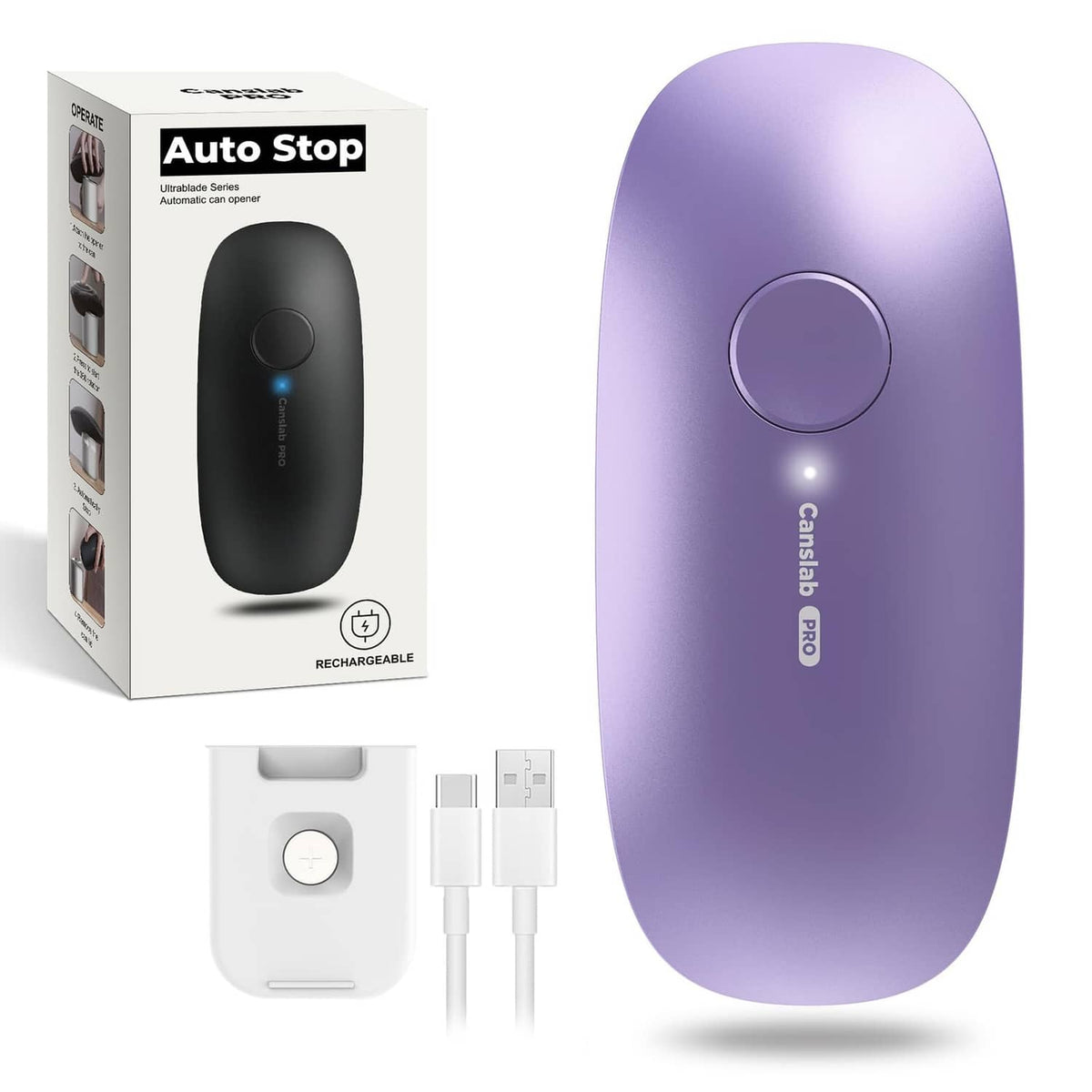 Lilac rechargeable can opener with front button and included charging setup