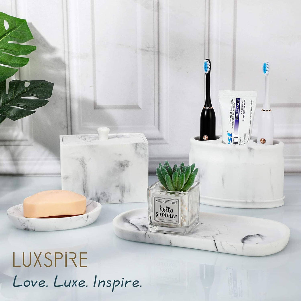 Marble-pattern oval soap dish with countertop toiletries and toothbrush holders