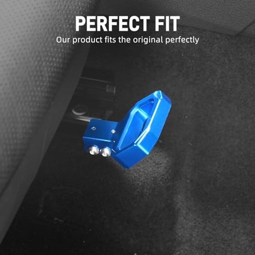 Blue seat release handle mounted on a seat base for quick release access