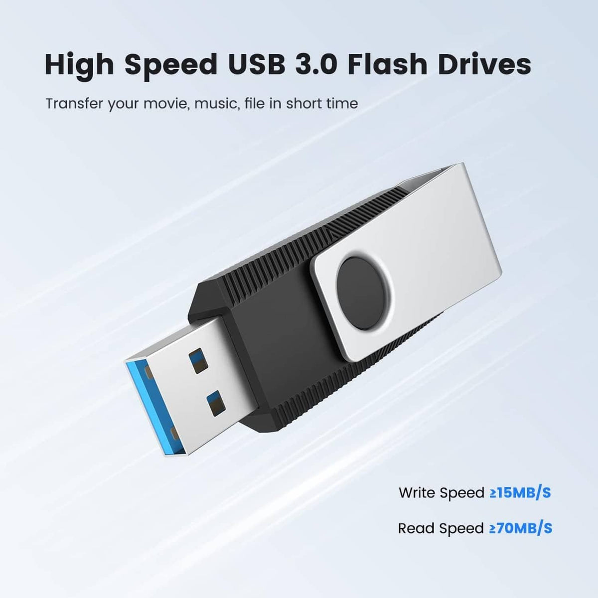 USB 3.0 flash drive with silver metal body and black connector, circular label window