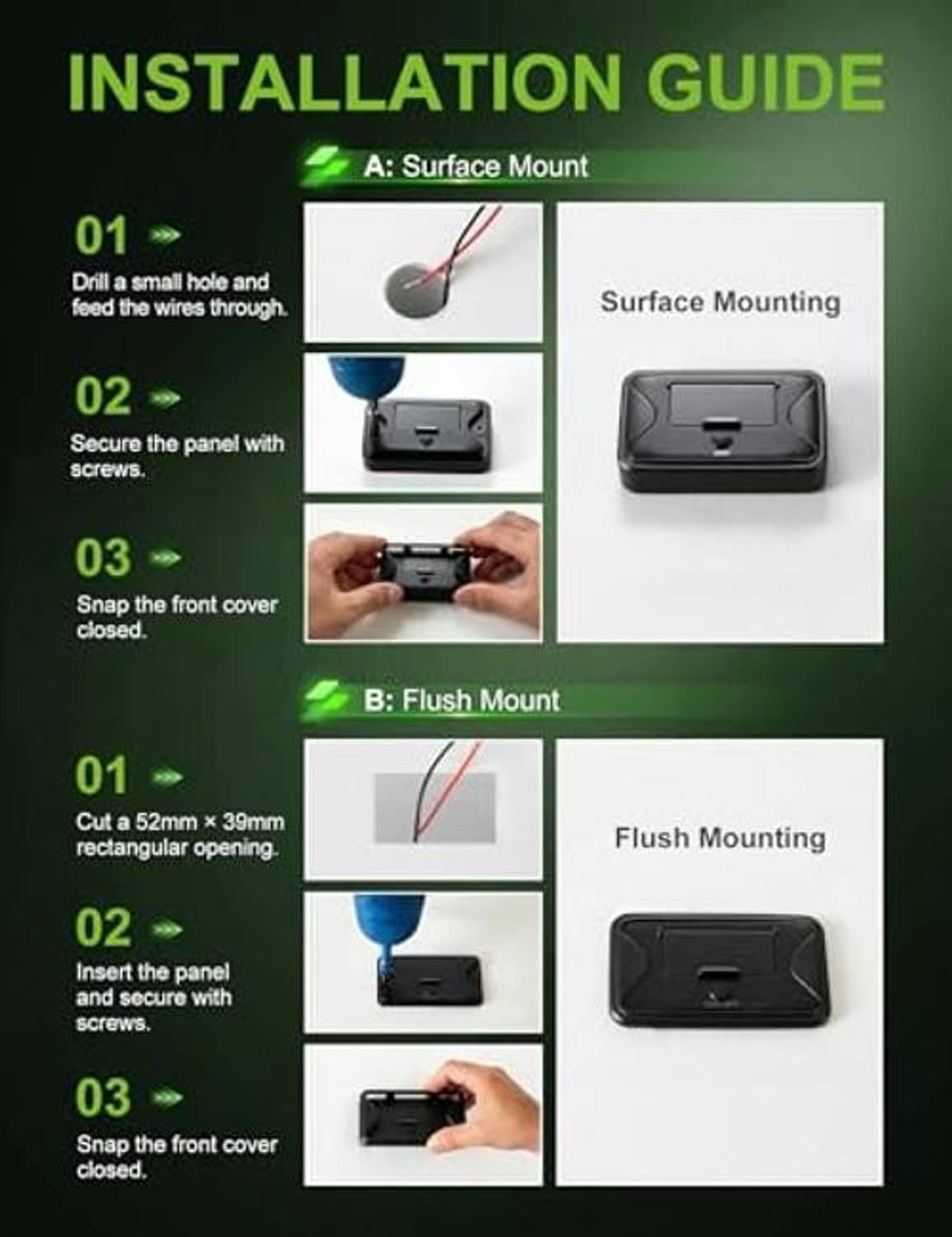 Black 12V USB outlet installation mounting with screws and front cover shown