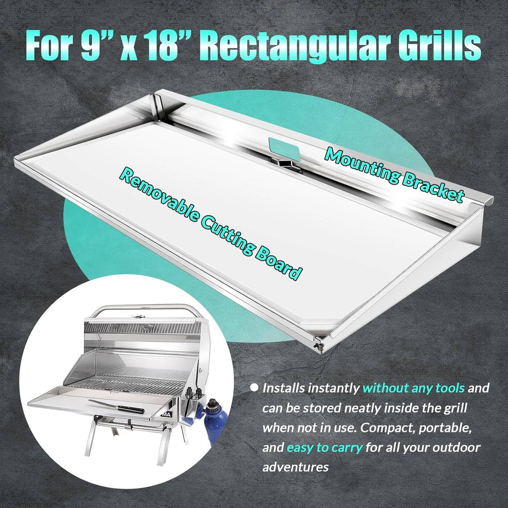 Rectangular grill serving shelf with removable cutting board and side mounting bracket