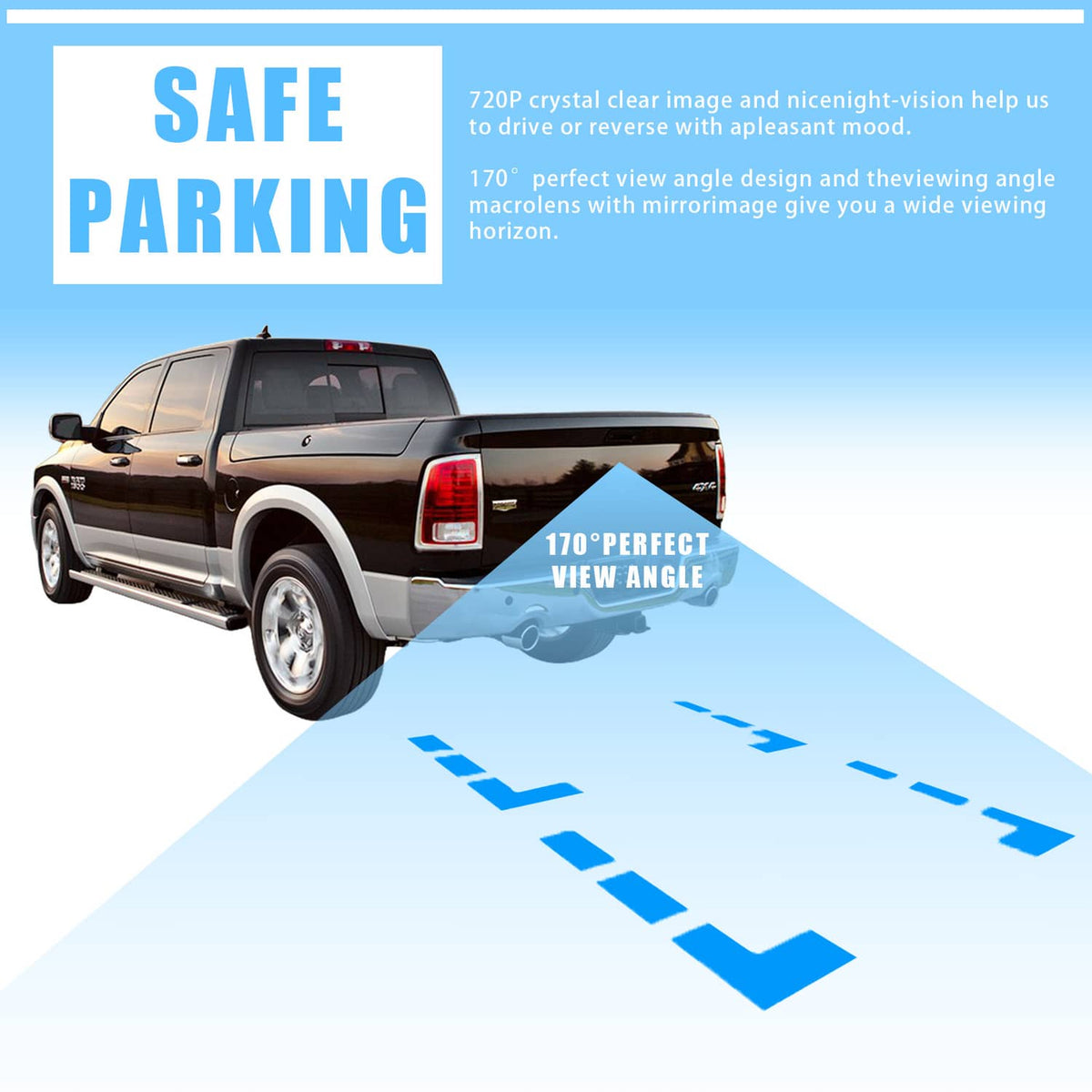 Truck with rear view backup camera showing parking guidance overlay lines