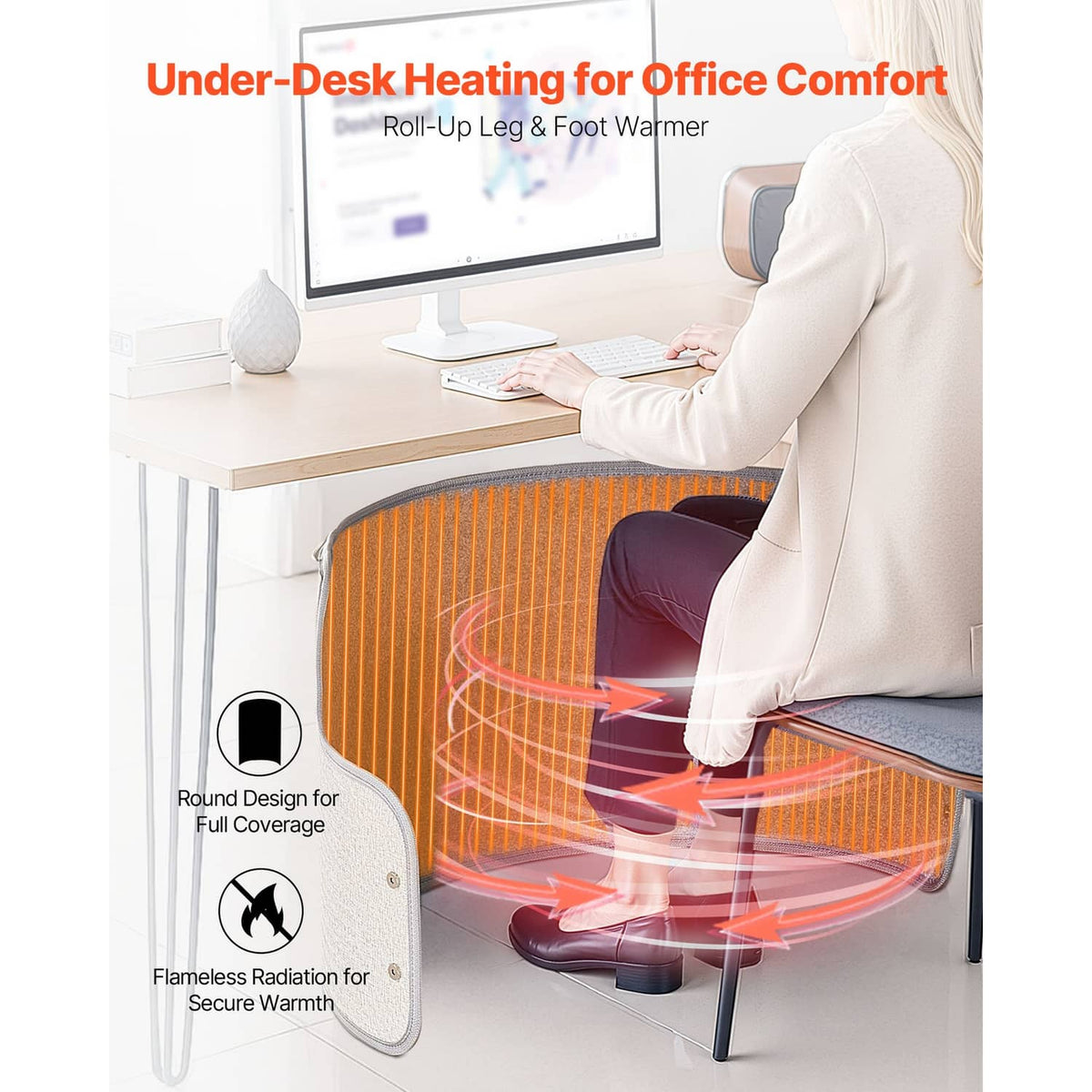Gray under-desk heater panel with warm infrared glow under a chair and desk