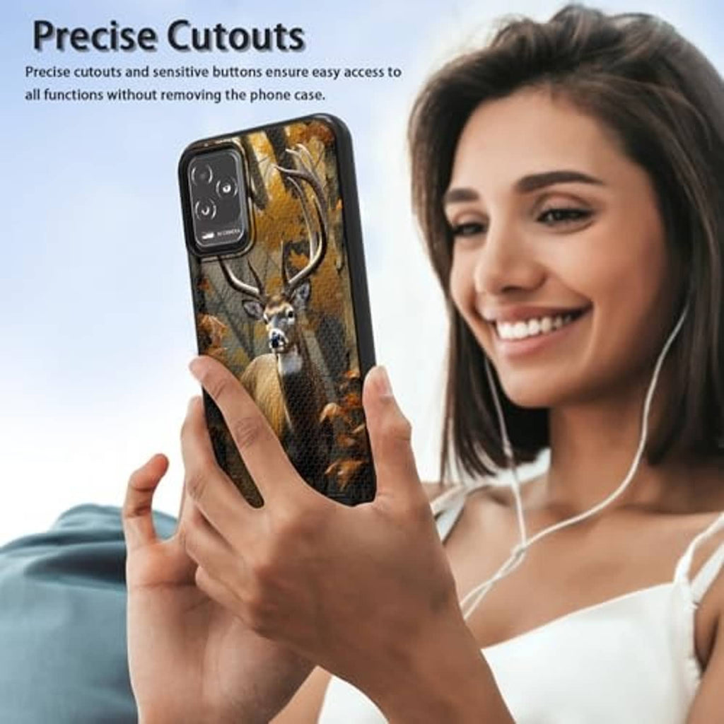 Deer camouflage phone case with precise button and port cutouts for easy access, black.