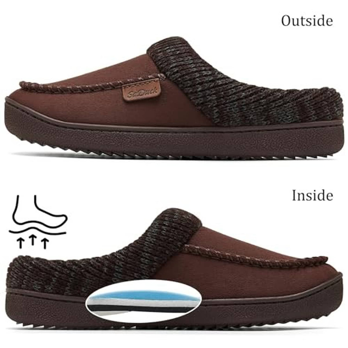 Outside and inside views of brown slip-on moccasin slippers with dark knit collar
