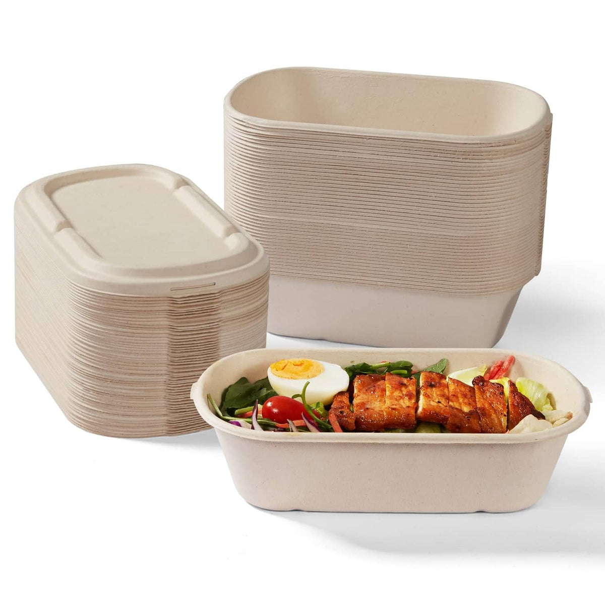 Light beige 34 oz disposable food containers with lids, stackable set