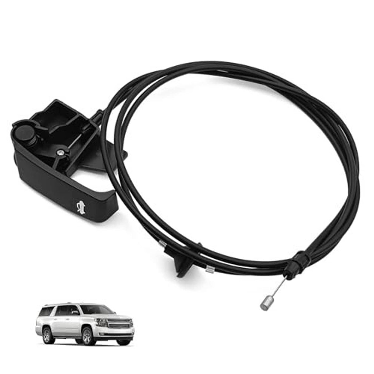 Black hood release cable handle with coiled cable and metal-tipped end connector