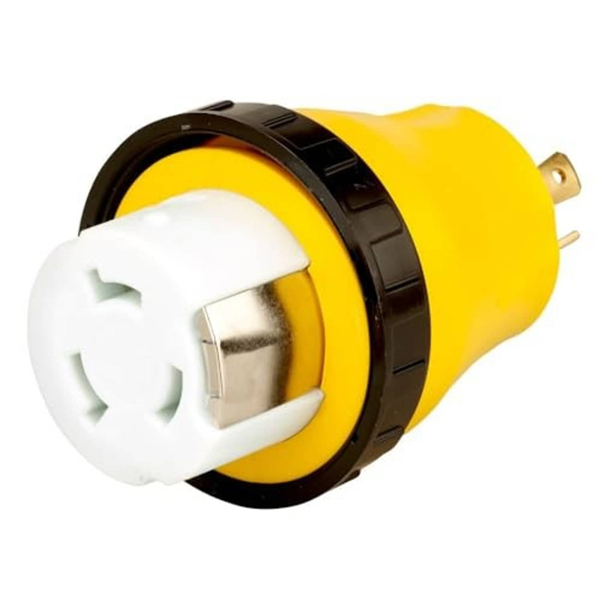 Front view of yellow NEMA generator adapter plug with white twist-lock connector