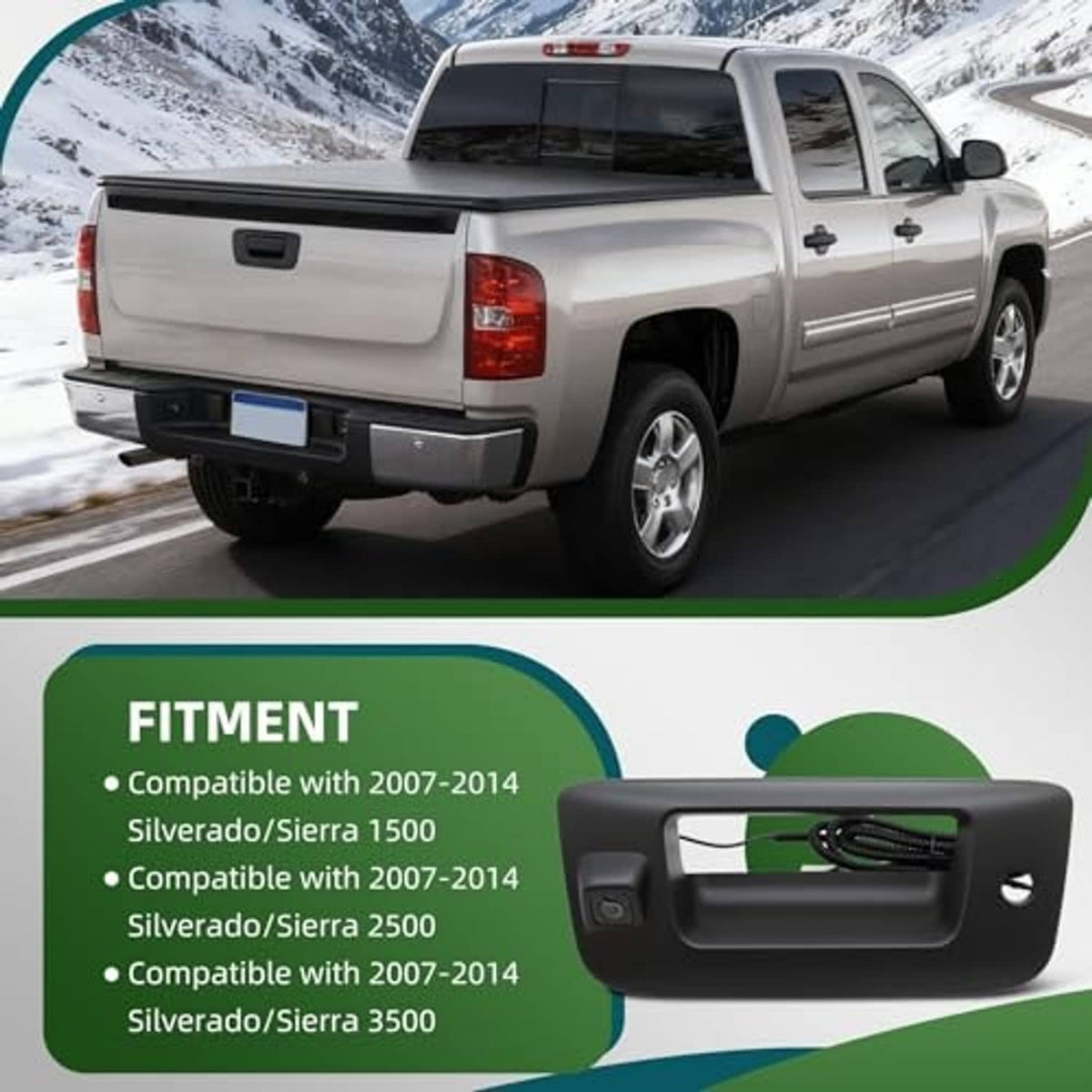 Tailgate handle backup camera with black housing and side mounting points