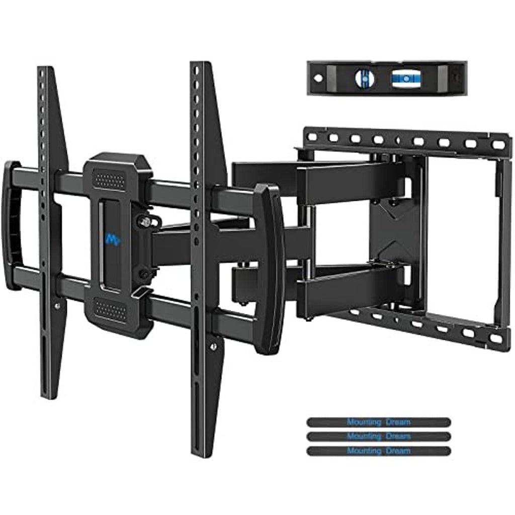 Full-motion TV wall mount bracket, black, view of pivot arms and VESA mounting plate