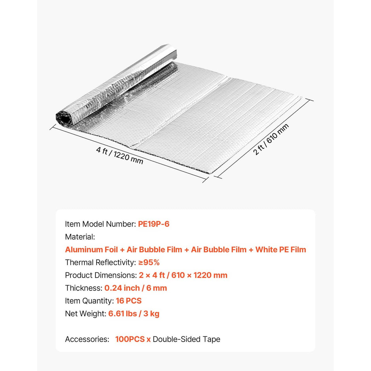 Reflective insulation panel layout with dimension lines and a rolled foil-bubble stack.