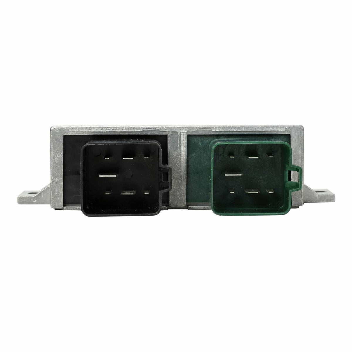 Glow plug relay module with two side connectors: black and green sockets in metal frame