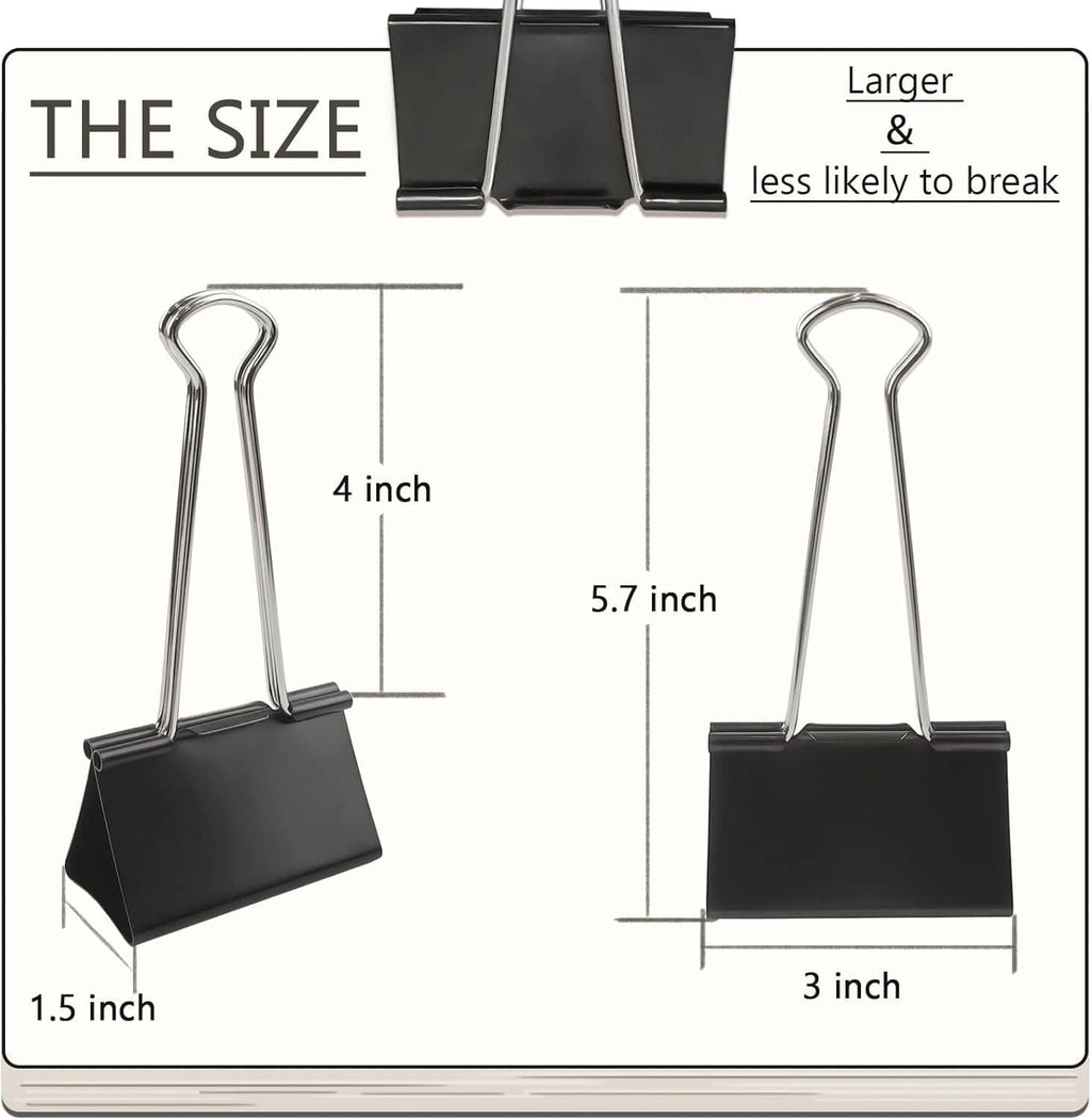 Black binder clip size diagram with metal spring loops and clamp bases
