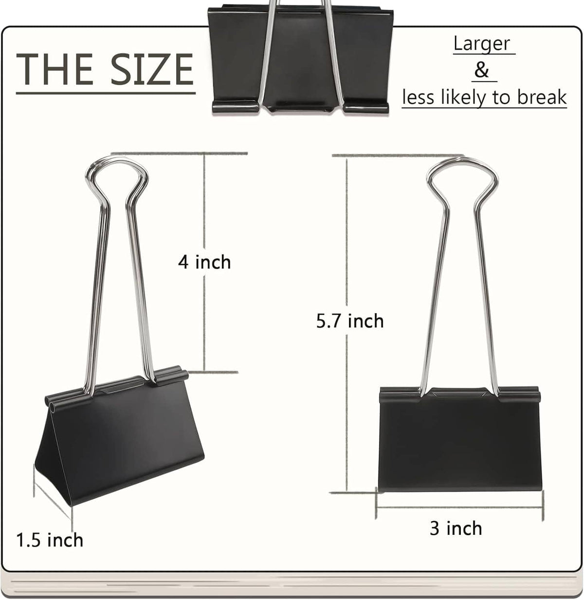 Black binder clip size diagram with metal spring loops and clamp bases