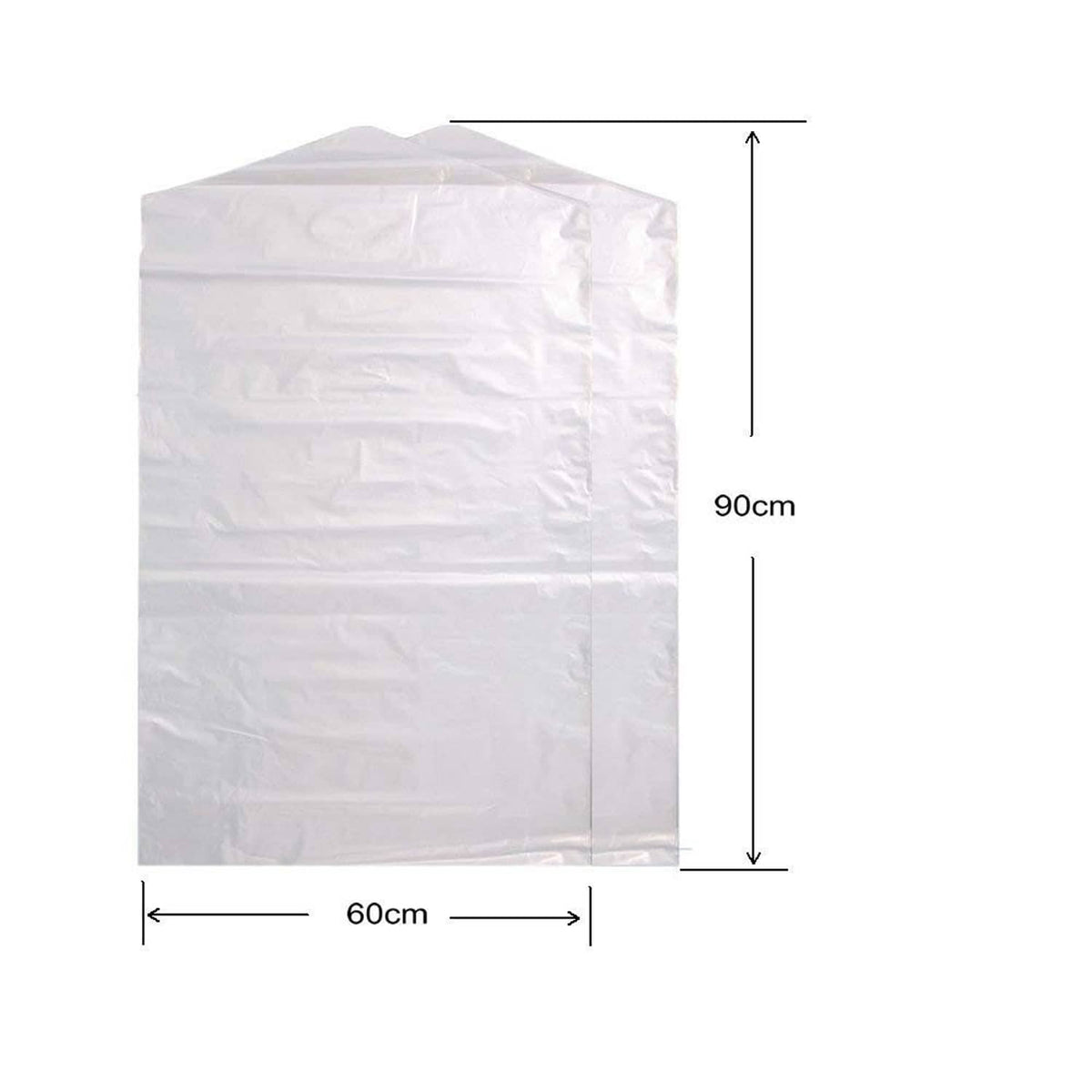 Transparent garment bag dimensions shown: 60cm wide, 90cm tall