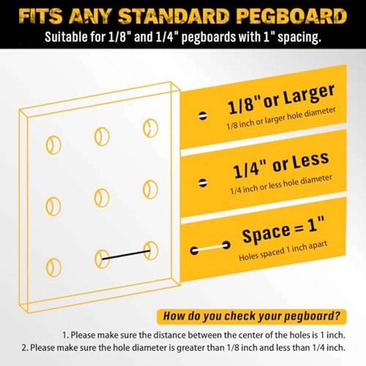 Pegboard hook fit guide infographic showing 1/8 and 1/4 hole spacing for standard pegboards