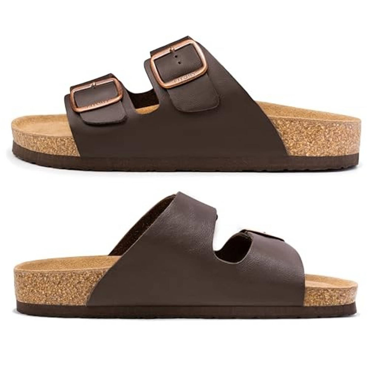 Mocha men's cork slide sandals, side view and front view with adjustable buckles