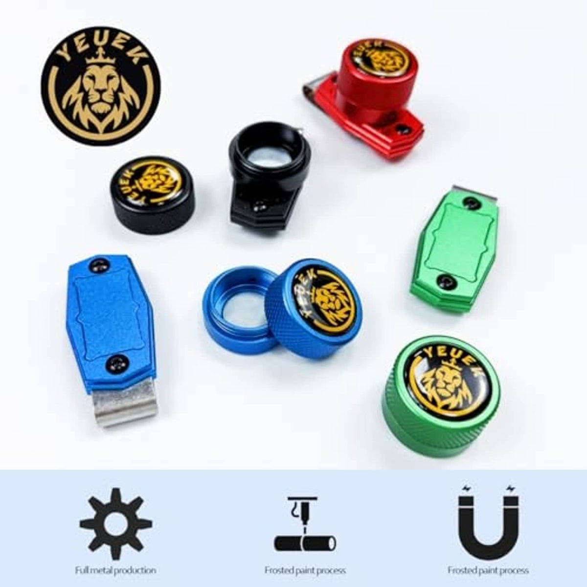 Assorted metal pool chalk holders with round caps in red, blue, black, and green