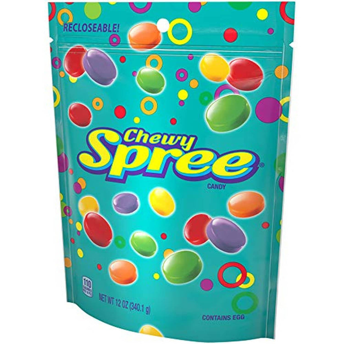 Resealable hard candy bag with colorful oval candy graphics and teal design, 12 oz