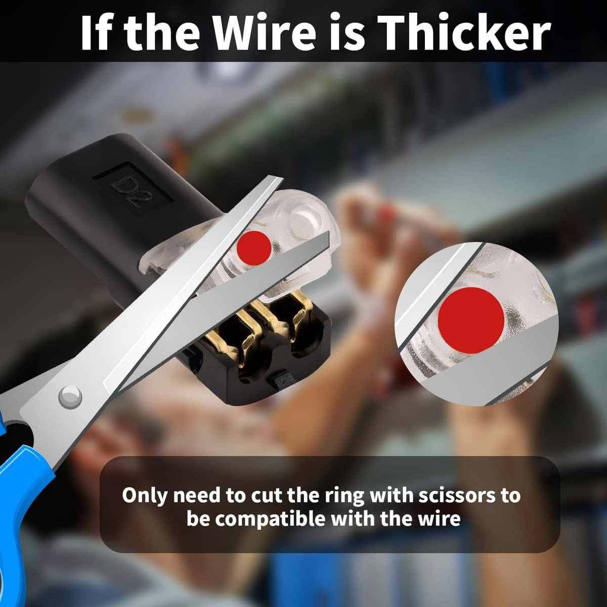 2-pin quick splice connector with metal ring clamp and wire cut-to-fit tip