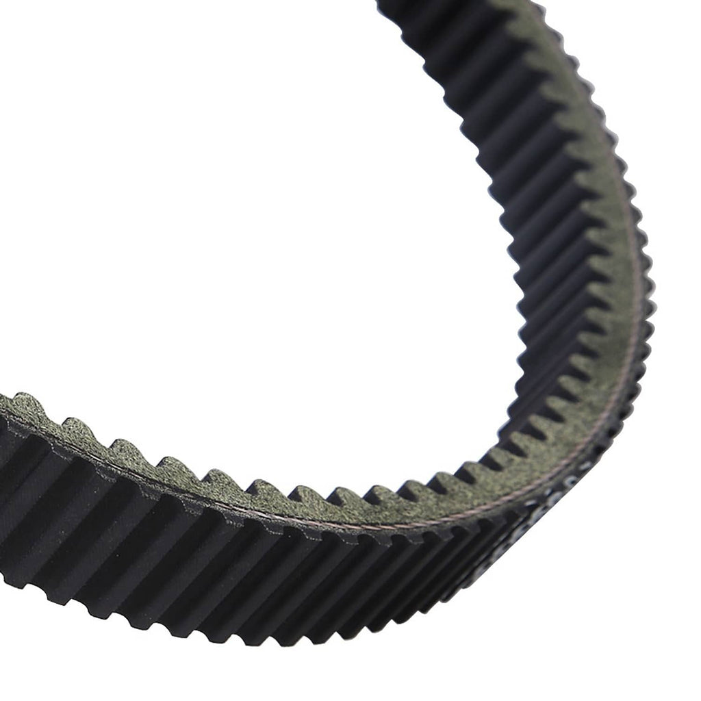 Motorcycle drive belt close-up, angled black teeth and textured inner backing