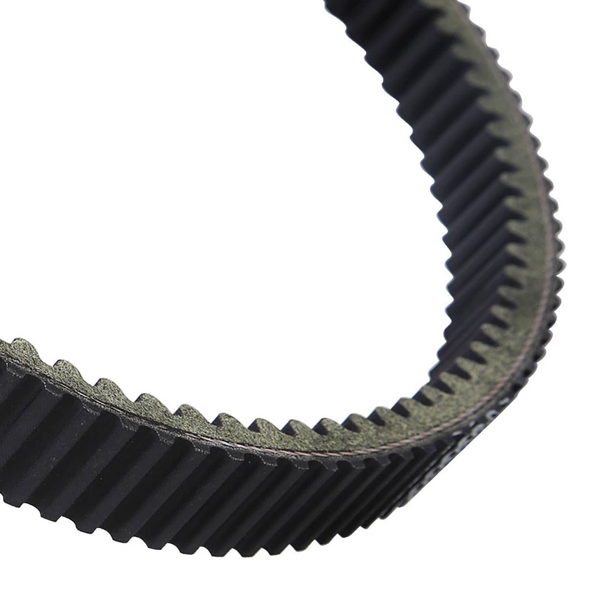 Motorcycle drive belt close-up, angled black teeth and textured inner backing
