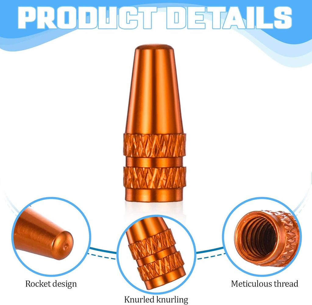 Orange aluminum Presta valve cap with knurled grip and threaded valve tip, close-up