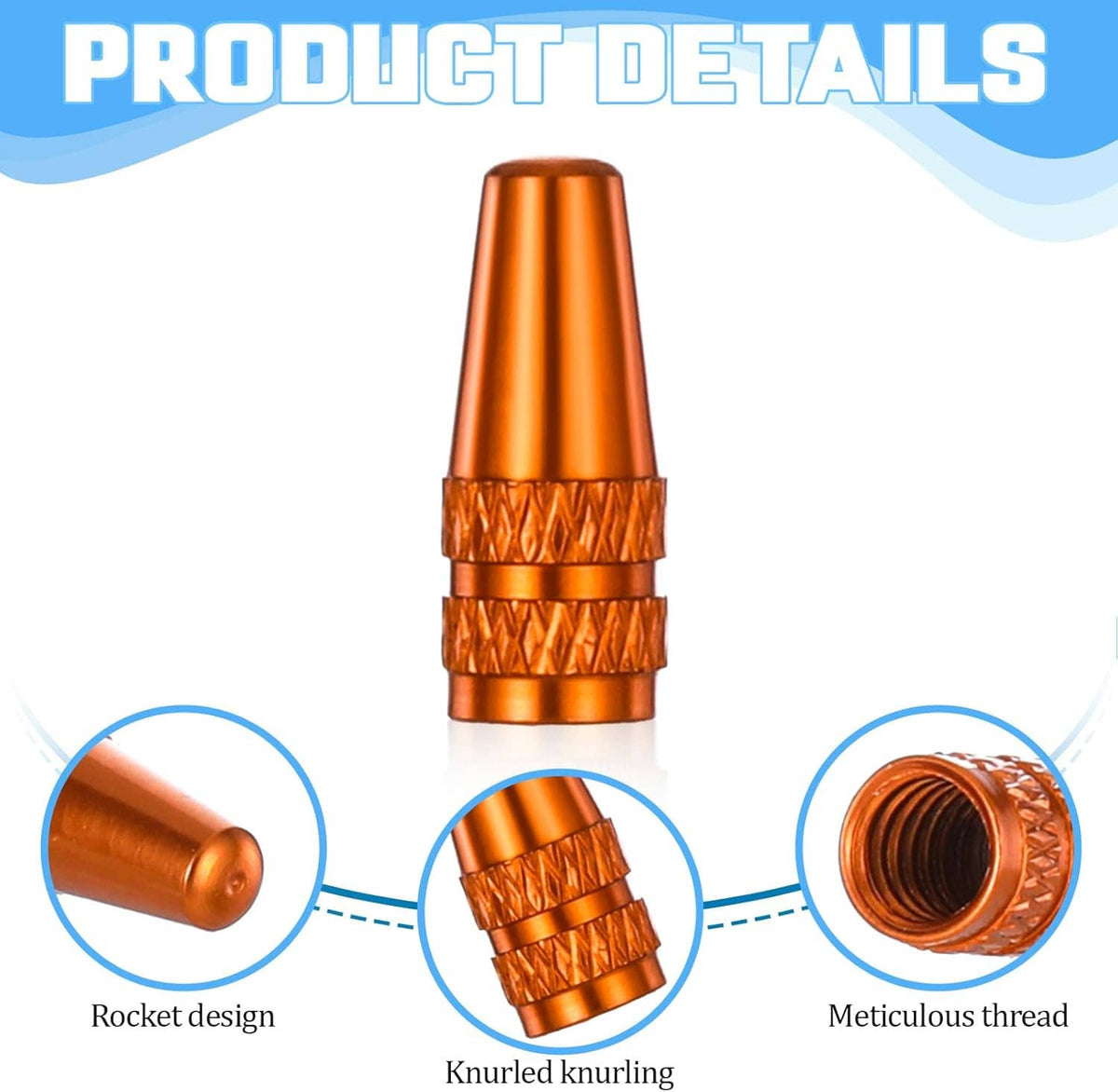 Orange aluminum Presta valve cap with knurled grip and threaded valve tip, close-up