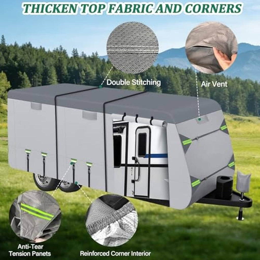 Gray RV cover with thick top fabric, double stitching, air vent, reinforced corners
