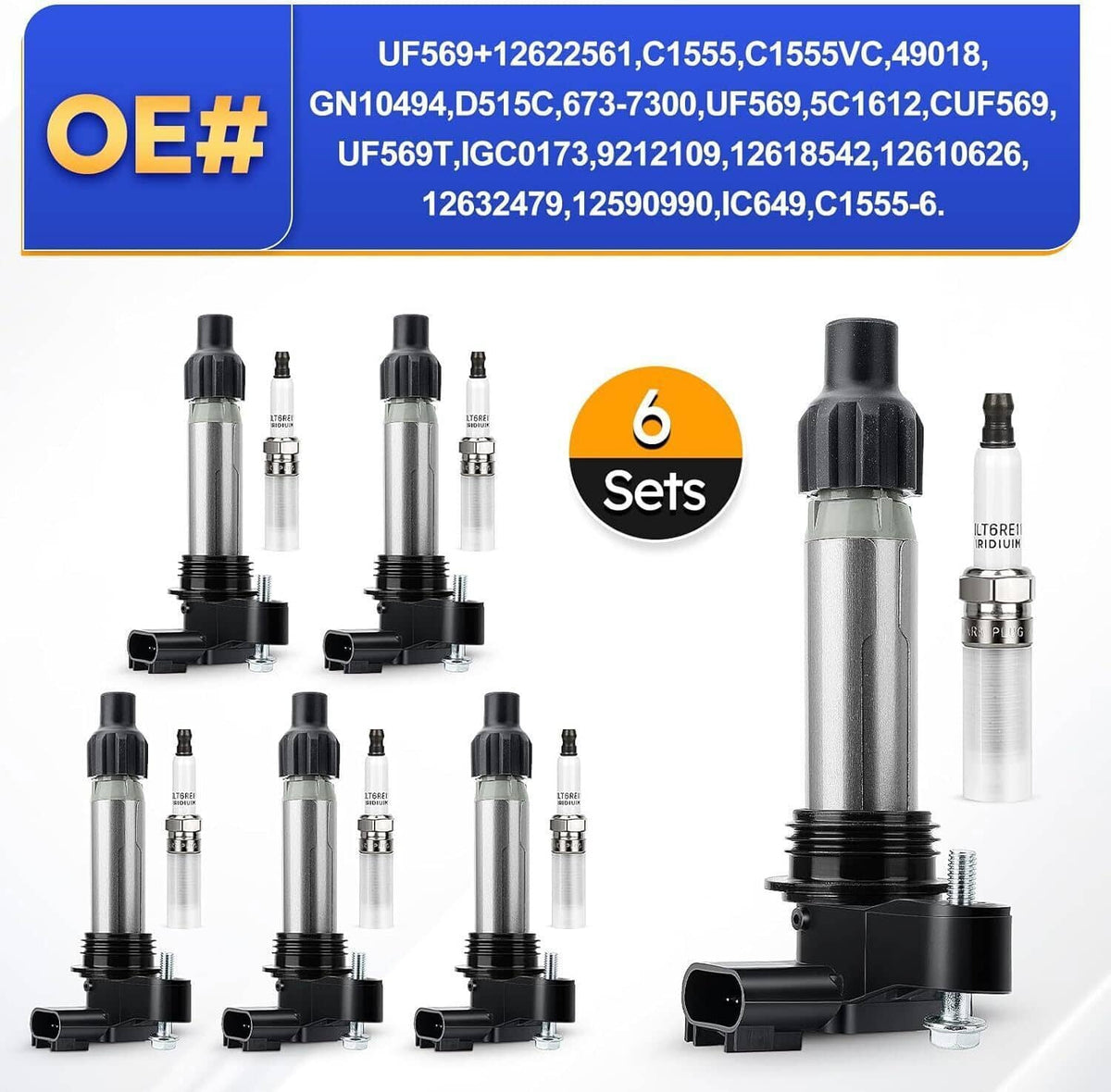 Six-piece ignition coil and spark plug set, includes assembled unit and OE label