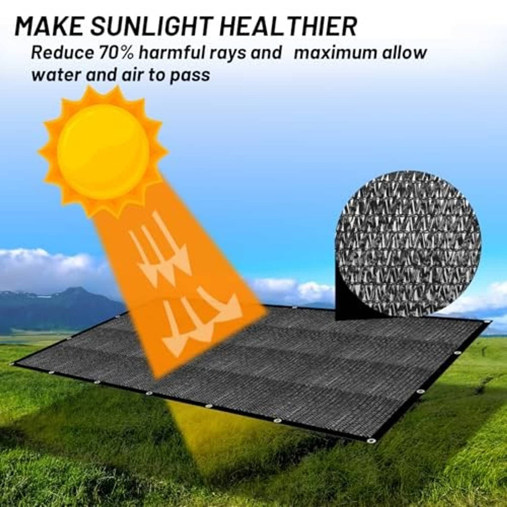 Black mesh sun shade tarp spread flat with metal grommets and mesh texture inset