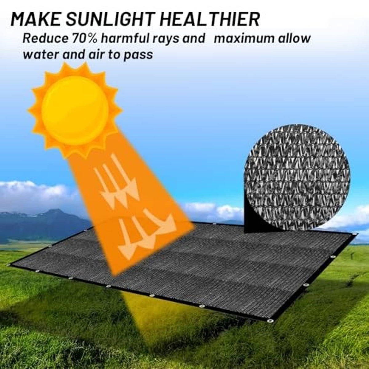 Black mesh sun shade tarp spread flat with metal grommets and mesh texture inset