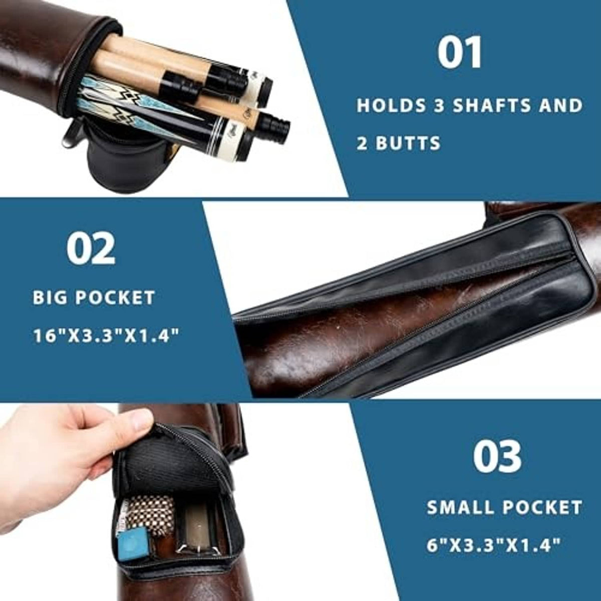 Brown cue case with black zip pocket and carry handle strap