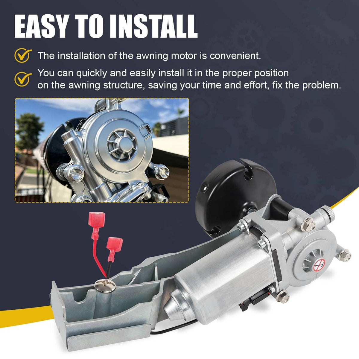 RV awning motor drive repair kit assembly, silver cylinder gearbox with red wire connectors