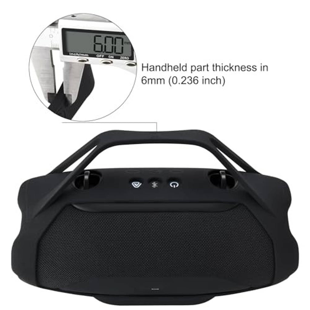 Black silicone speaker cover, top control cutouts with textured grip surface