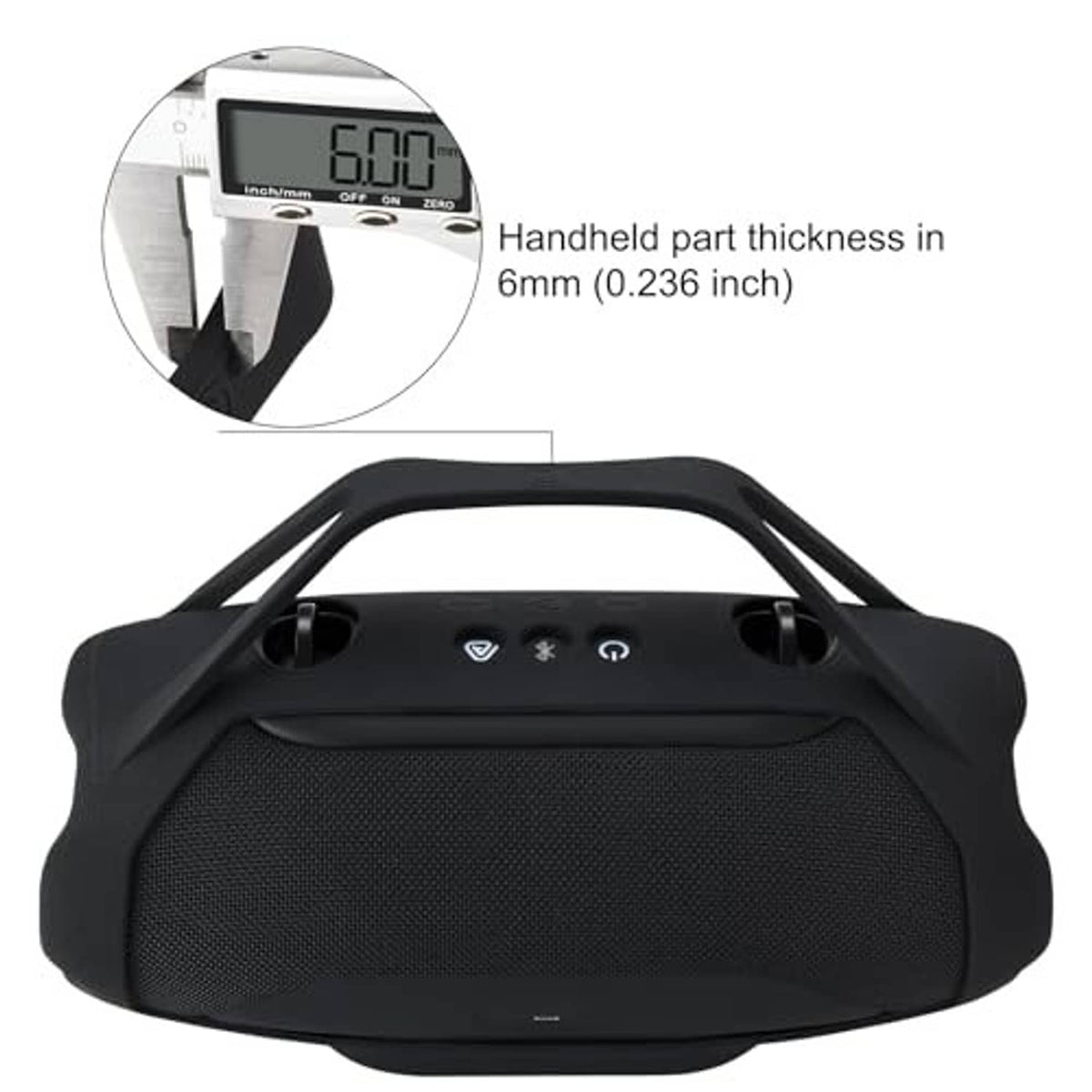 Black silicone speaker cover, top control cutouts with textured grip surface