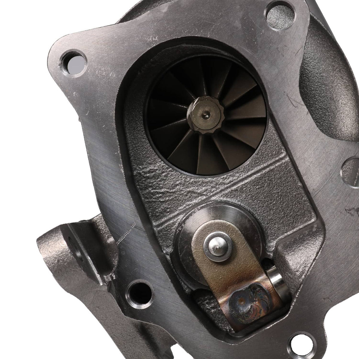Turbocharger compressor face with black wheel and silver housing plate