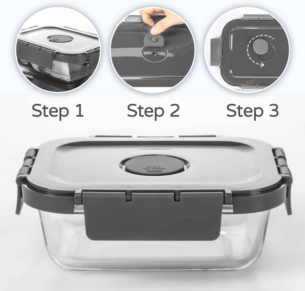 Glass food storage container with dark lid and circular vent, front view
