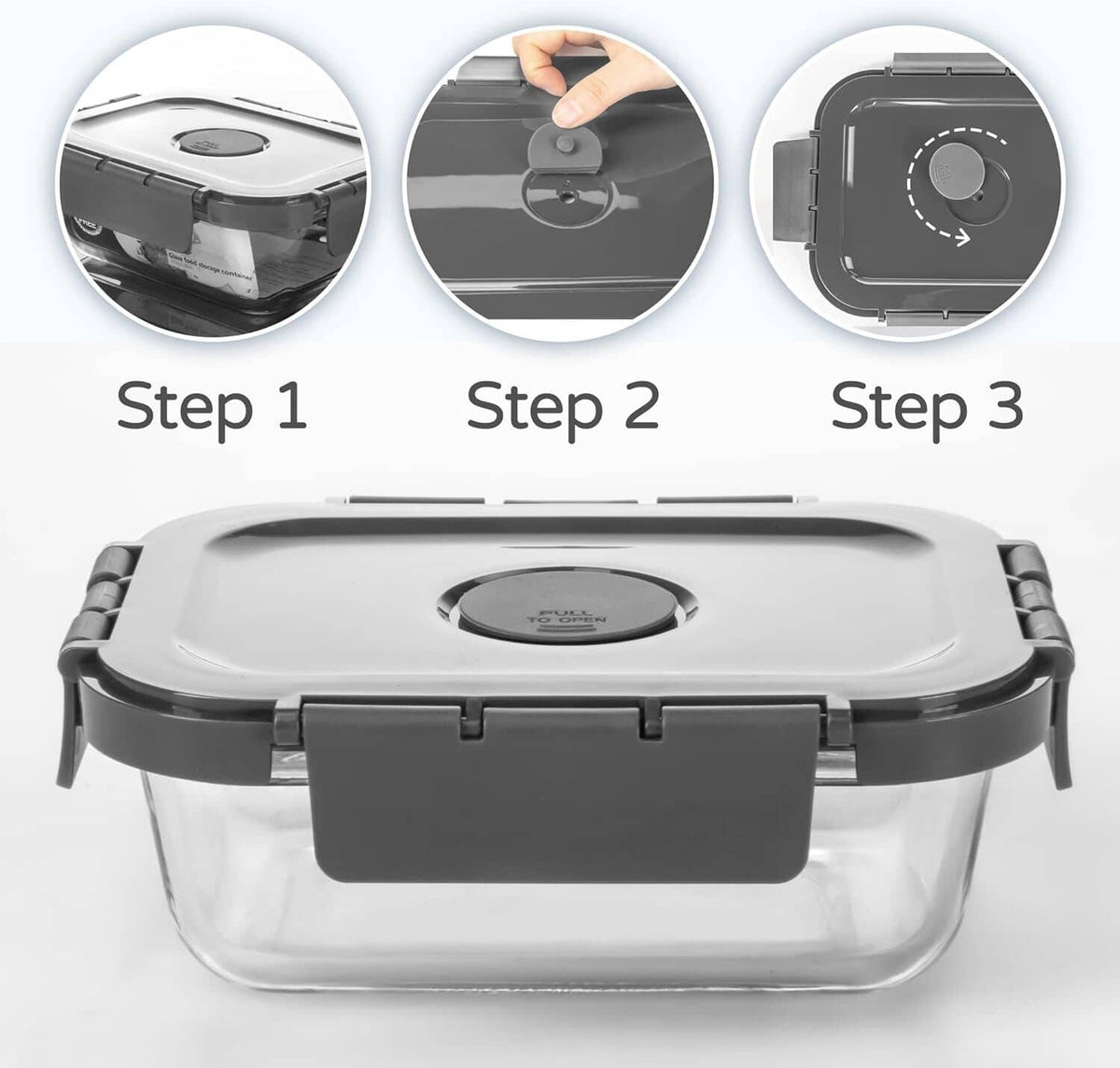 Glass food storage container with dark lid and circular vent, front view
