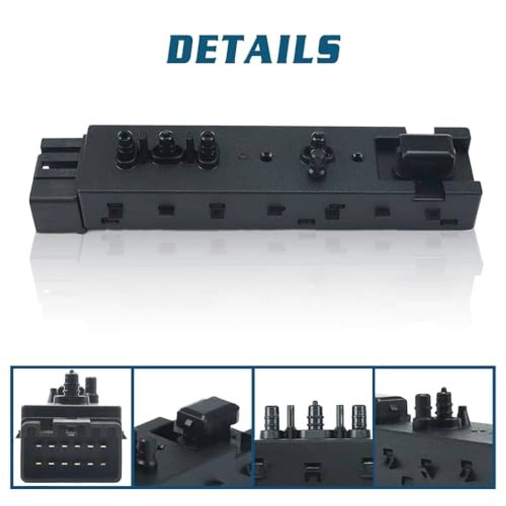 Power seat control switch top view with screw terminals and multi-pin sockets, black