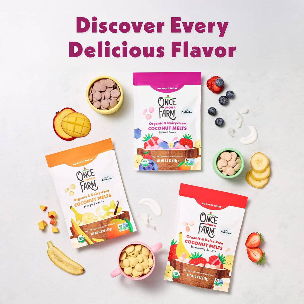 Assorted organic coconut melts pouches with fruit flavors and probiotics