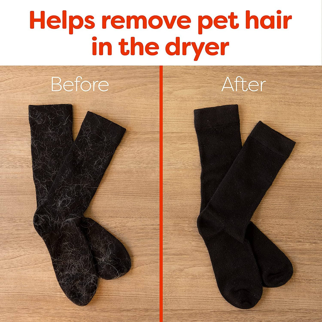 Pet hair guard dryer sheets on socks, before vs after reduced pet hair