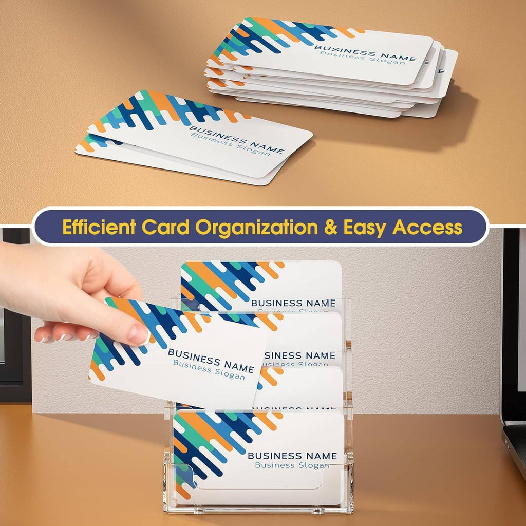 Clear acrylic 4-tier business card organizer with cards being inserted